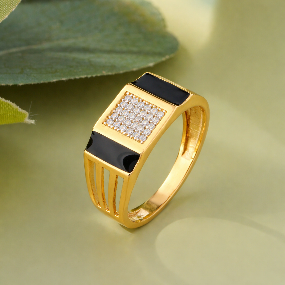 Bold Luxe Black Diamond CZ Gold Plated 925 Sterling Silver Ring for Men | Geometric Statement Ring with Sparkling CZ Stones | Premium Designer Jewellery for Him