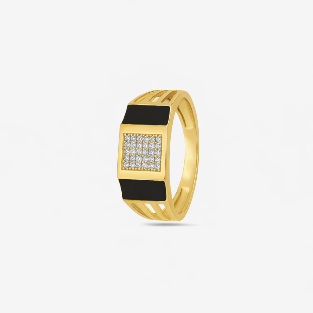 Bold Luxe Black Diamond CZ Gold Plated 925 Sterling Silver Ring for Men | Geometric Statement Ring with Sparkling CZ Stones | Premium Designer Jewellery for Him