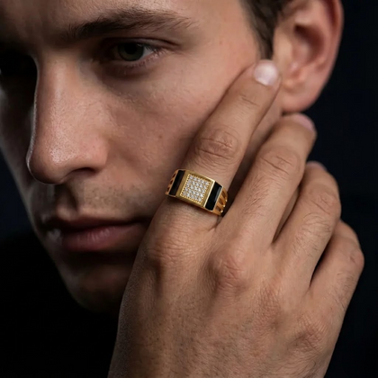 Bold Luxe Black Diamond CZ Gold Plated 925 Sterling Silver Ring for Men | Geometric Statement Ring with Sparkling CZ Stones | Premium Designer Jewellery for Him
