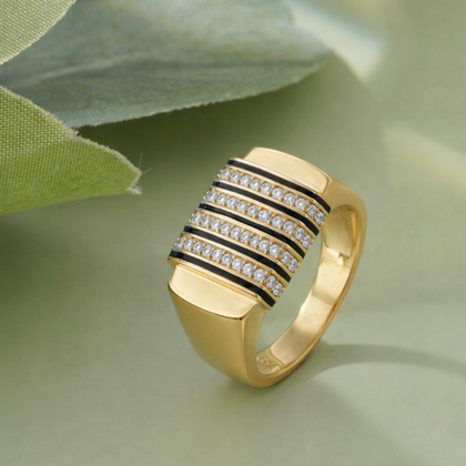 Black Enamel CZ Stripe Ring for Men 925 Sterling Silver Gold Finish