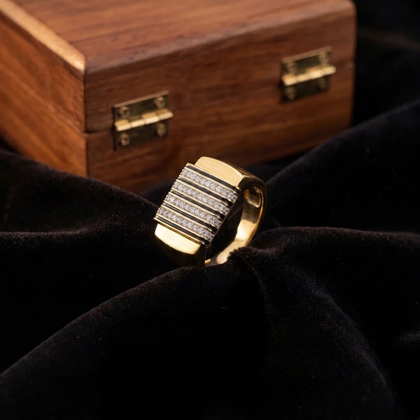 Bold Luxe Diamond CZ Gold Plated 925 Sterling Silver Ring for Men | Multi Row Geometric Statement Ring with Sparkling CZ Stones | Premium Designer Jewellery for Him on Black Velvet Background
