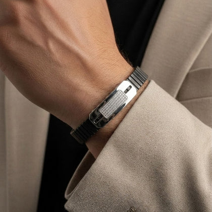 Black Rubber Silver CZ 925 Sterling Silver Bracelet for Men