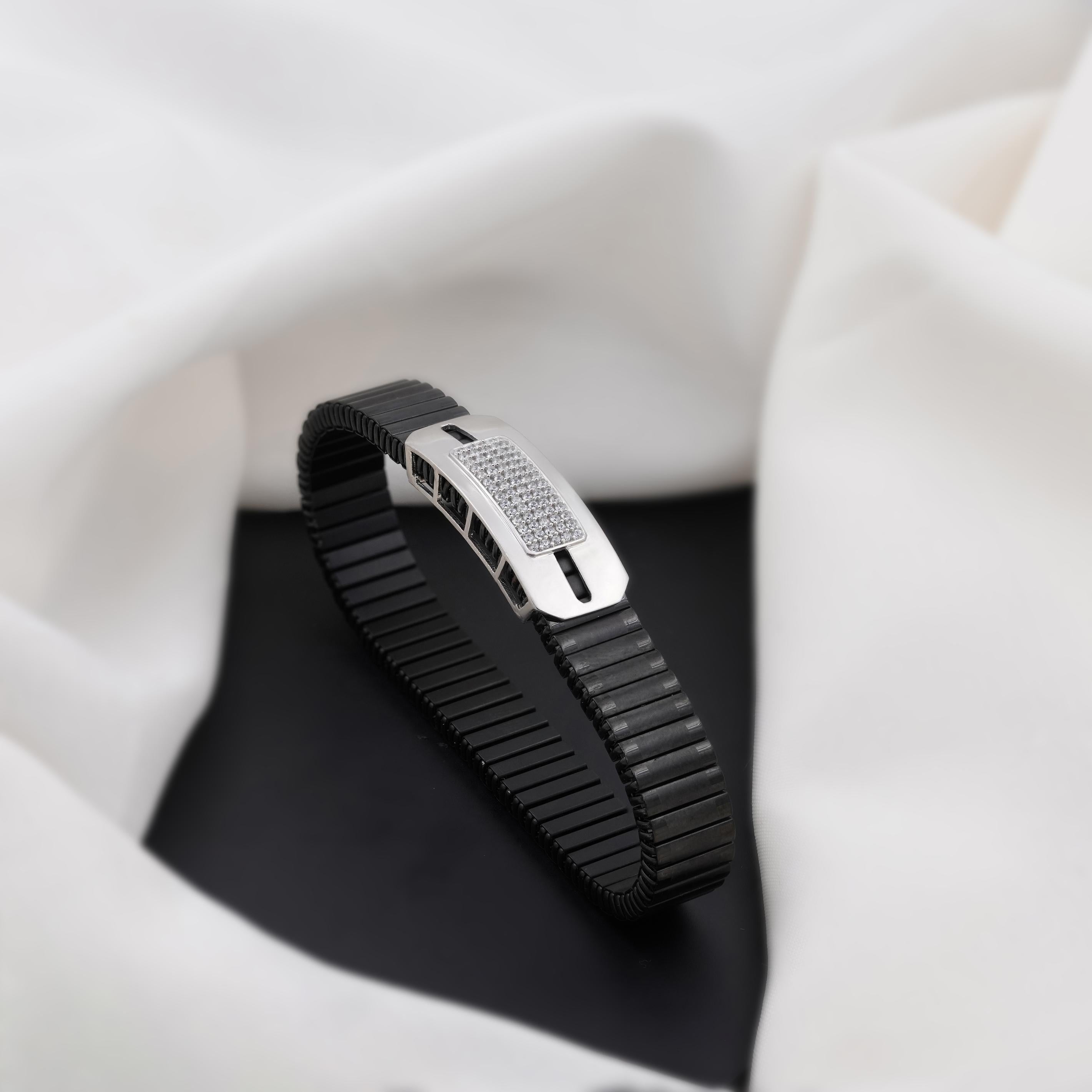 Black Rubber Silver CZ 925 Sterling Silver Bracelet for Men
