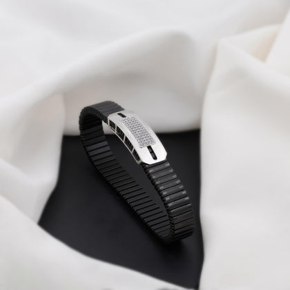 Black Rubber Silver CZ 925 Sterling Silver Bracelet for Men