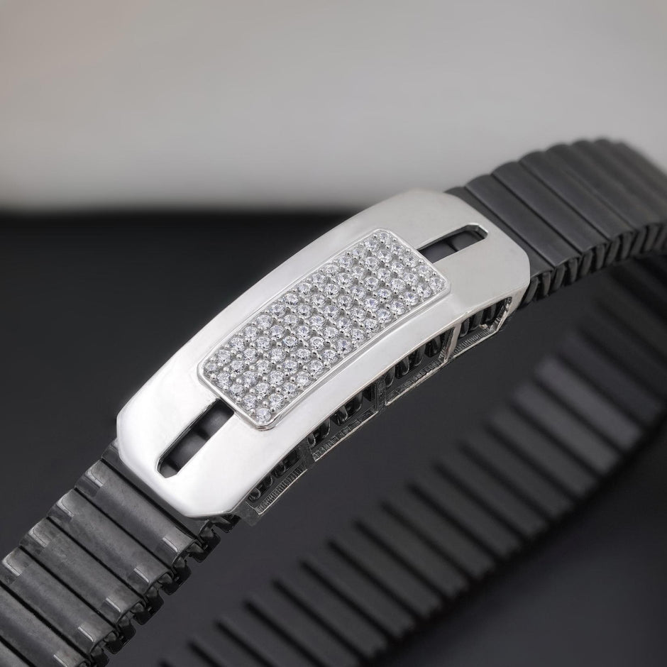 Black Rubber Silver CZ 925 Sterling Silver Bracelet for Men