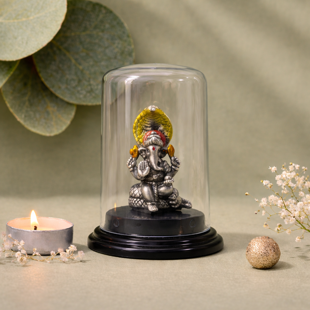 Blessed Ganpati devotional murti elegant glass dome home decor