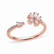 925 Sterling Silver Rose Gold Floral Open Ring with Clear CZ Stones on Gray Slate Surface.