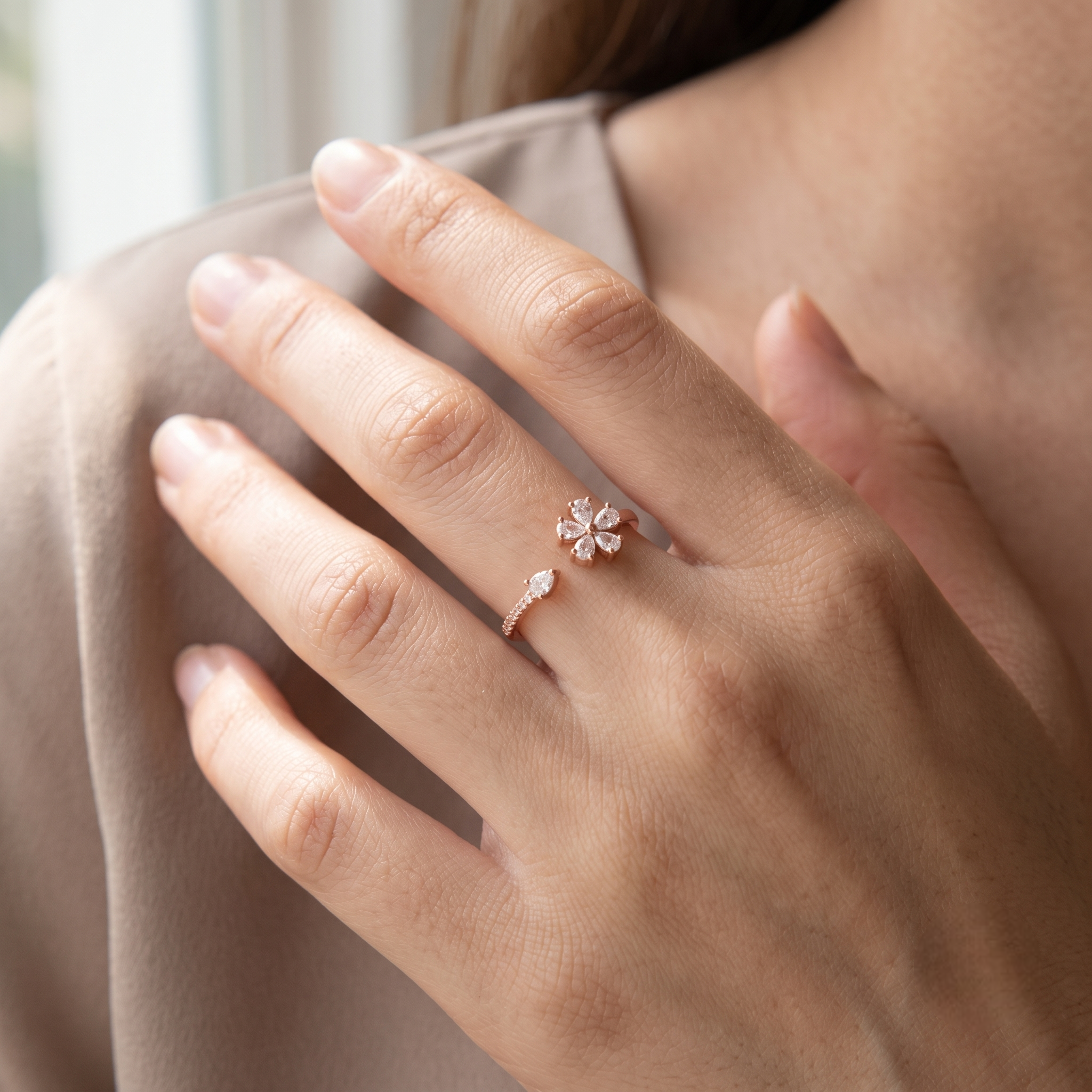 925 Sterling Silver Rose Gold Floral Open Ring with Clear CZ Stones on Gray Slate Surface.