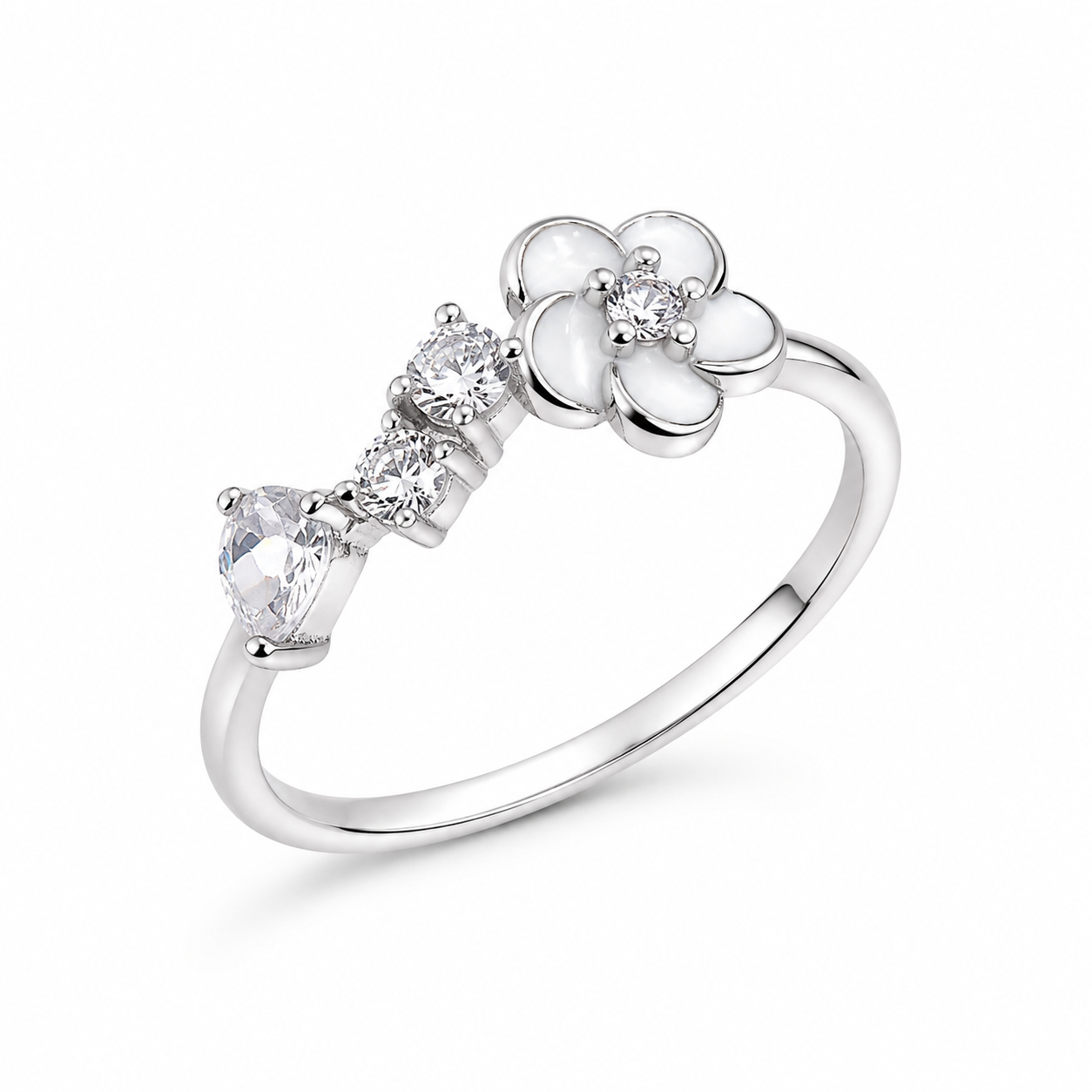 925 Sterling Silver Floral Ring with White Enamel Flower and Clear CZ Stones