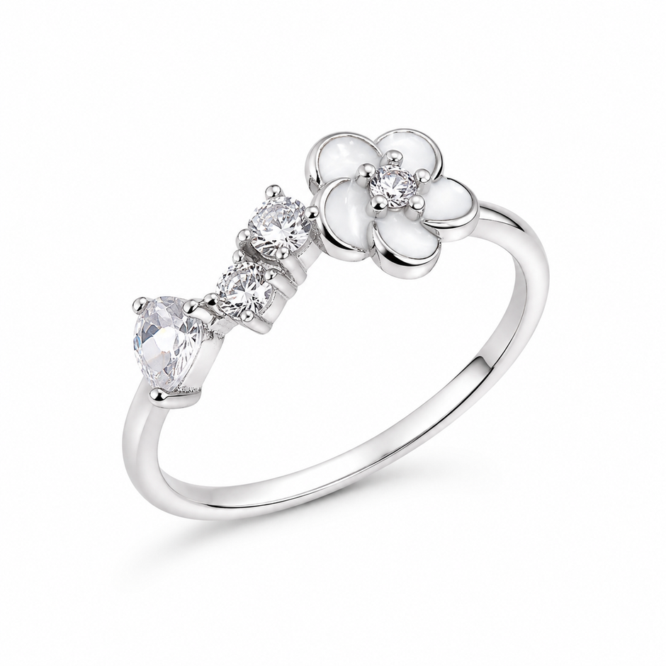 925 Sterling Silver Floral Ring with White Enamel Flower and Clear CZ Stones