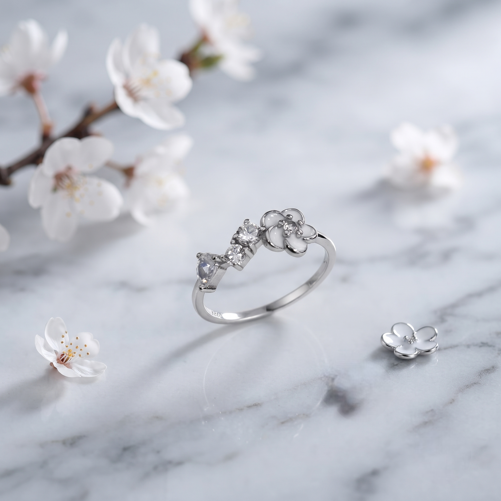 925 Sterling Silver Floral Ring with White Enamel Flower and Clear CZ Stones