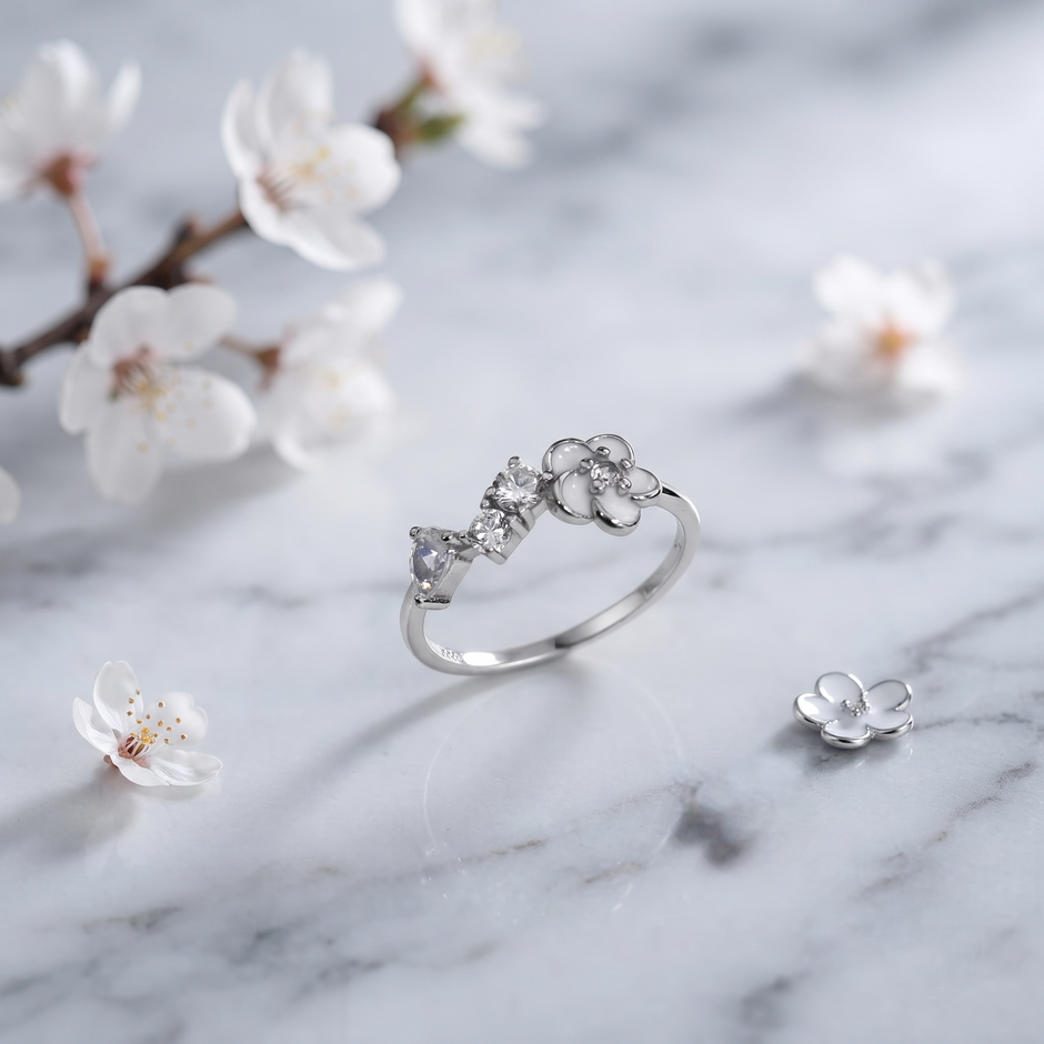 925 Sterling Silver Floral Ring with White Enamel Flower and Clear CZ Stones