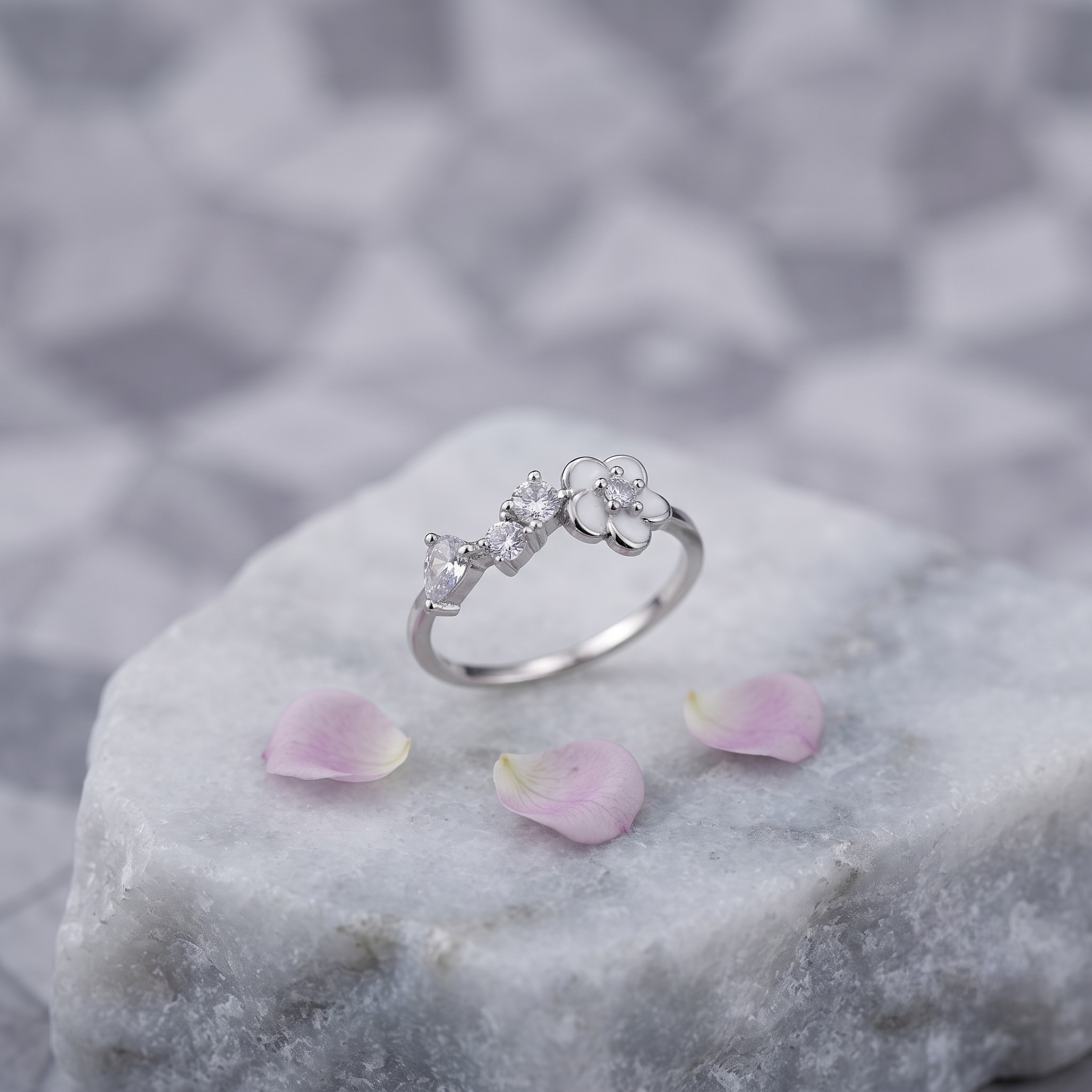 925 Sterling Silver Floral Ring with White Enamel Flower and Clear CZ Stones