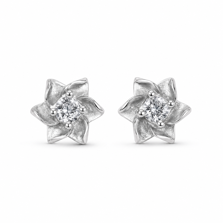 Blooming Flower CZ Diamond 925 Sterling Silver Stud Earrings for Women