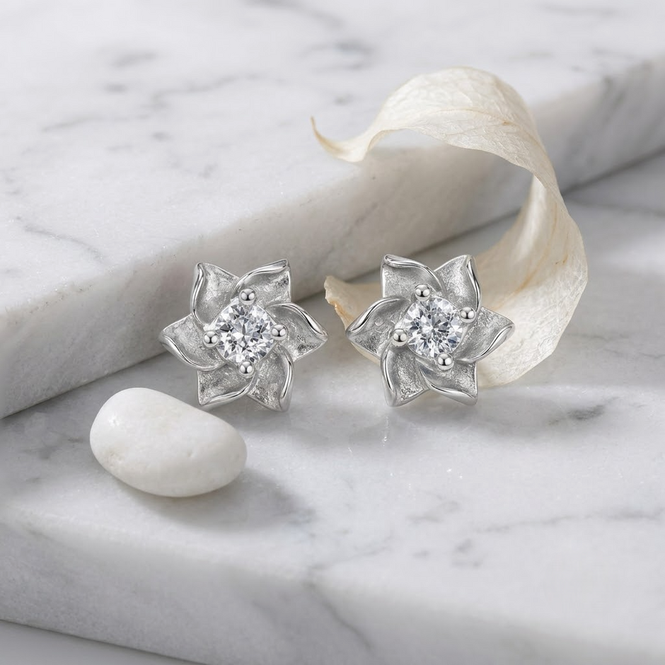 Blooming Flower CZ Diamond 925 Sterling Silver Stud Earrings for Women
