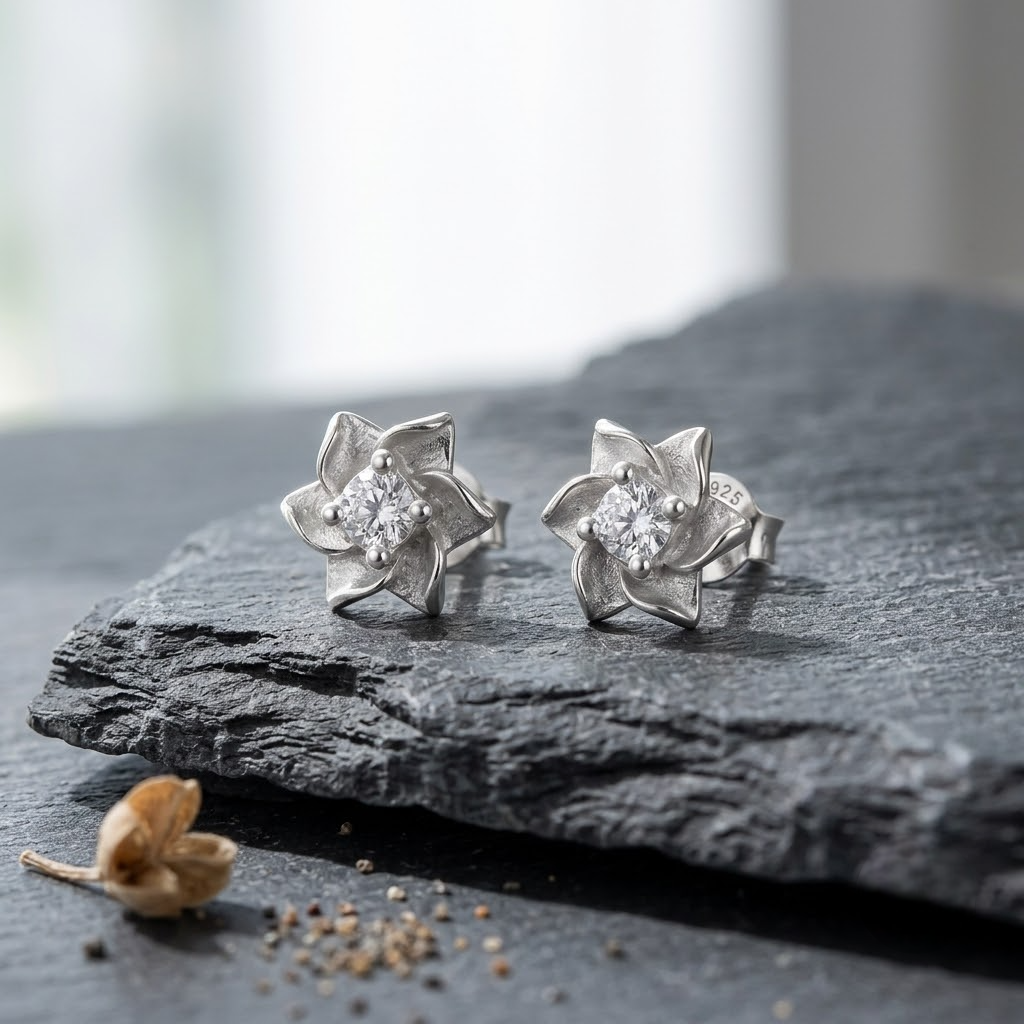 Blooming Flower CZ Diamond 925 Sterling Silver Stud Earrings for Women