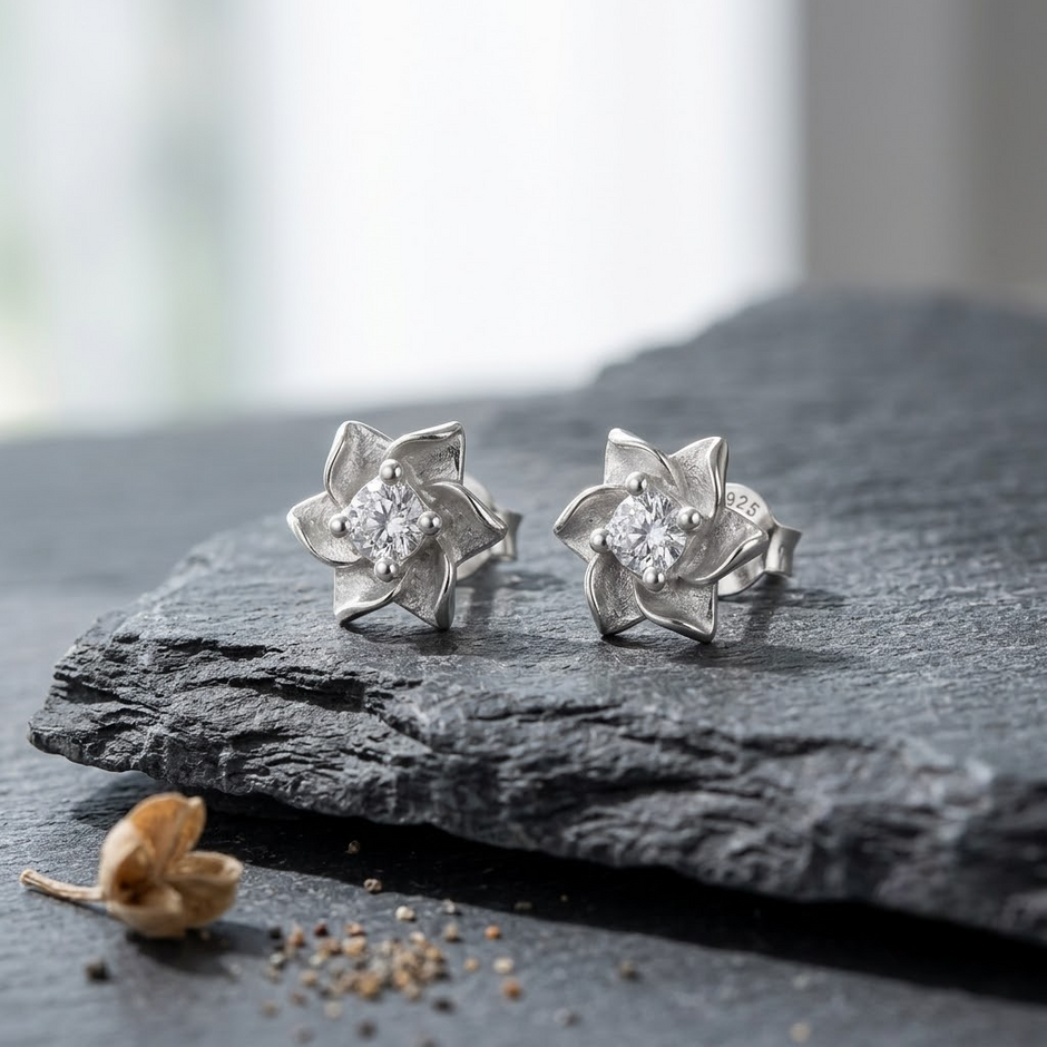 Blooming Flower CZ Diamond 925 Sterling Silver Stud Earrings for Women