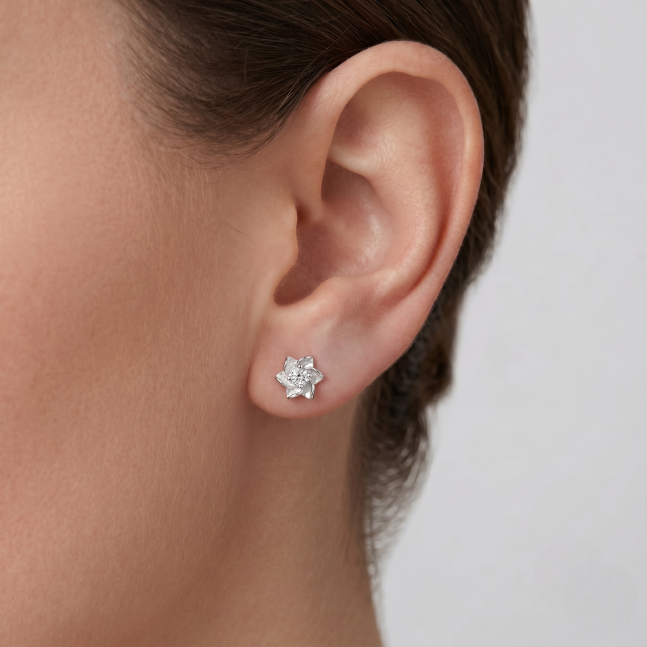 Blooming Flower CZ Diamond 925 Sterling Silver Stud Earrings for Women