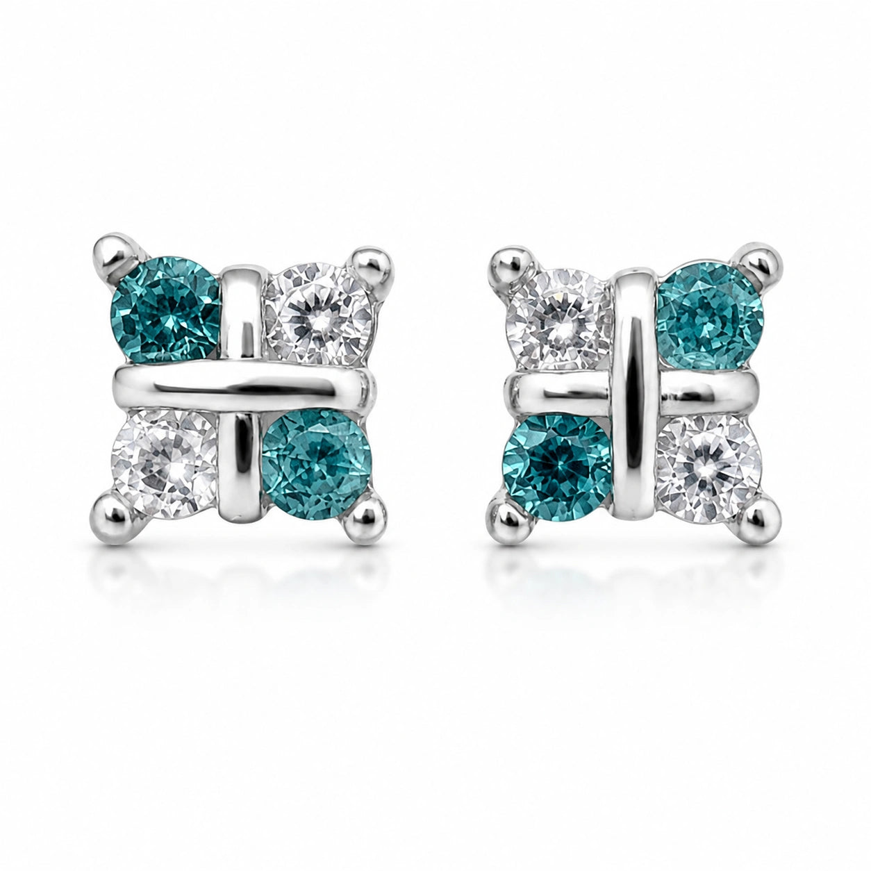 Blue Diamond Square Cluster 925 Sterling Silver Stud Earrings for Women