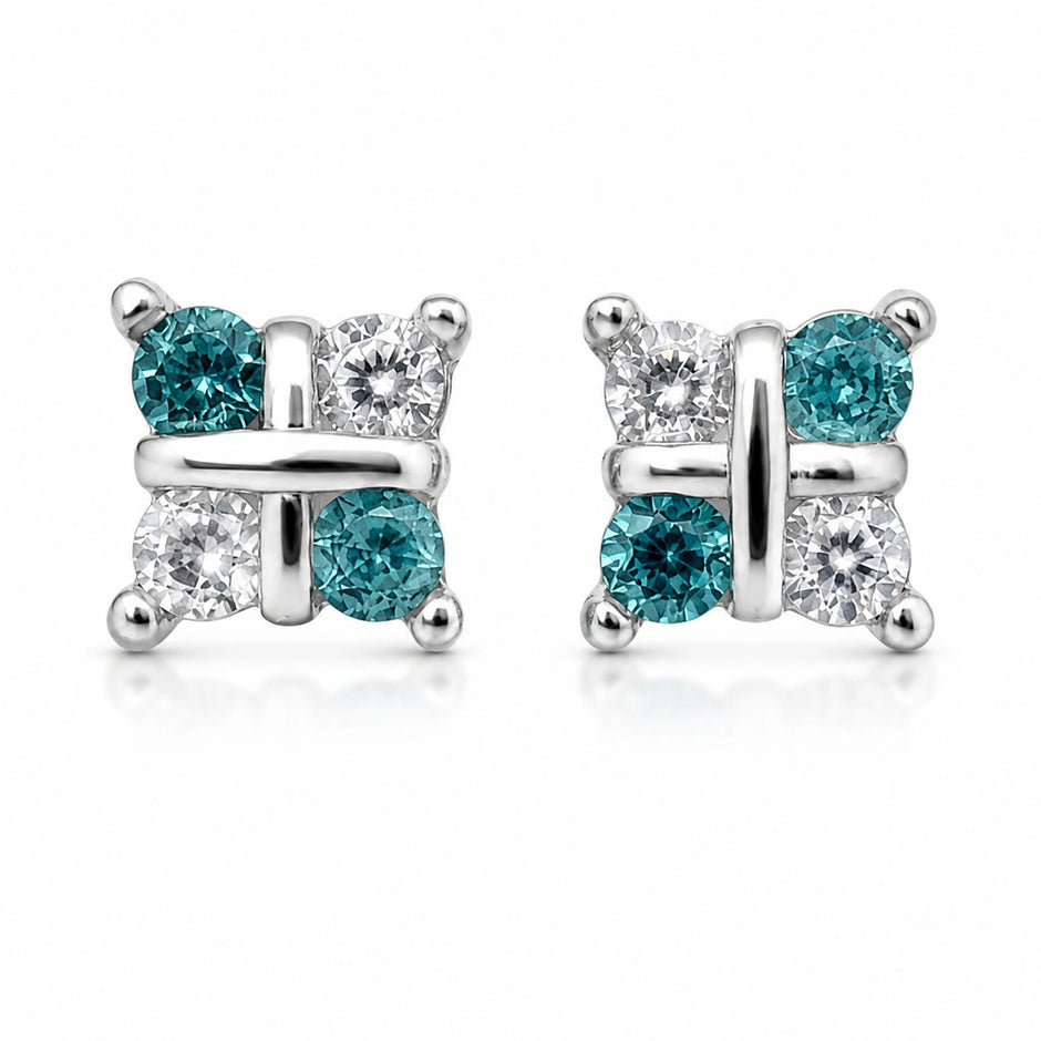 Blue Diamond Square Cluster 925 Sterling Silver Stud Earrings for Women