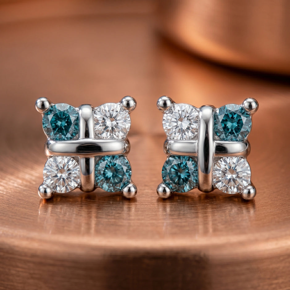 Blue Diamond Square Cluster 925 Sterling Silver Stud Earrings for Women