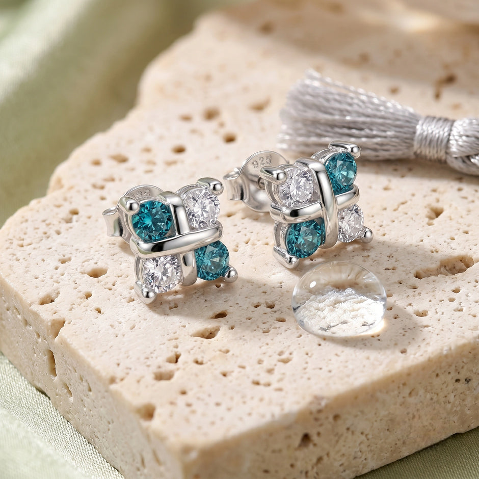 Blue Diamond Square Cluster 925 Sterling Silver Stud Earrings for Women