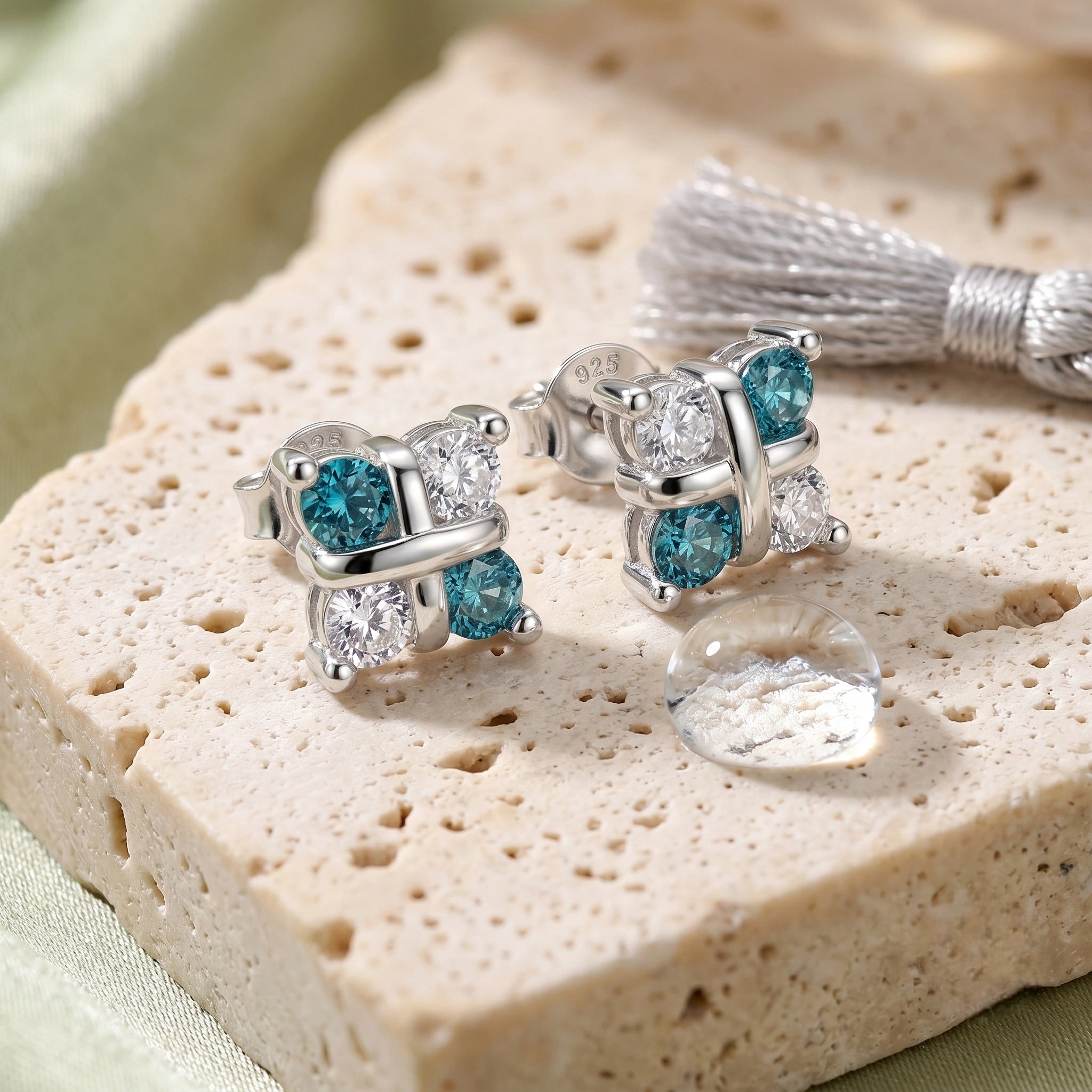 Blue Diamond Square Cluster 925 Sterling Silver Stud Earrings for Women