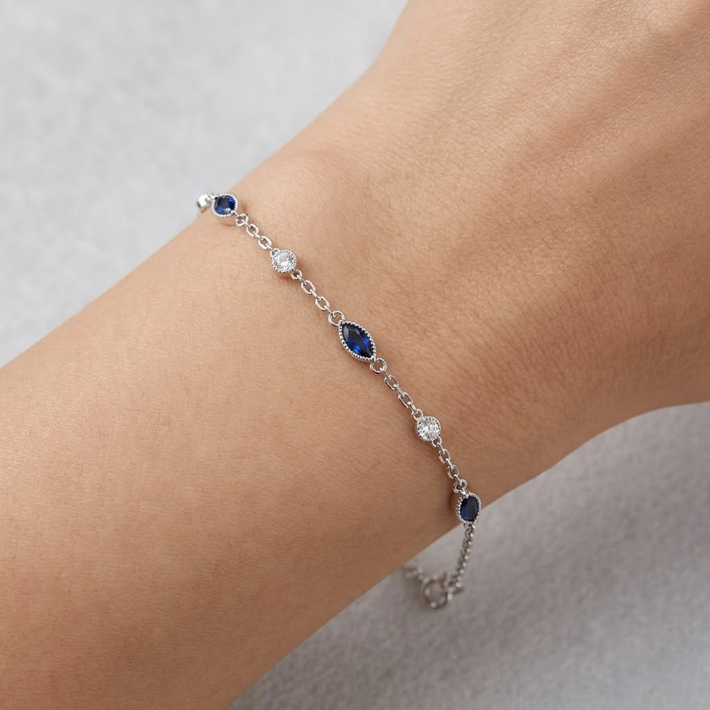 Blue Evil Eye Charm 925 Sterling Silver Bracelet for Women