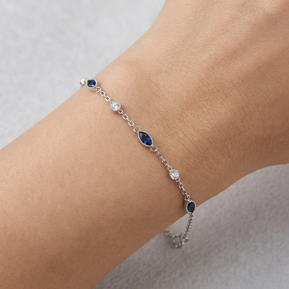 Blue Evil Eye Charm 925 Sterling Silver Bracelet for Women