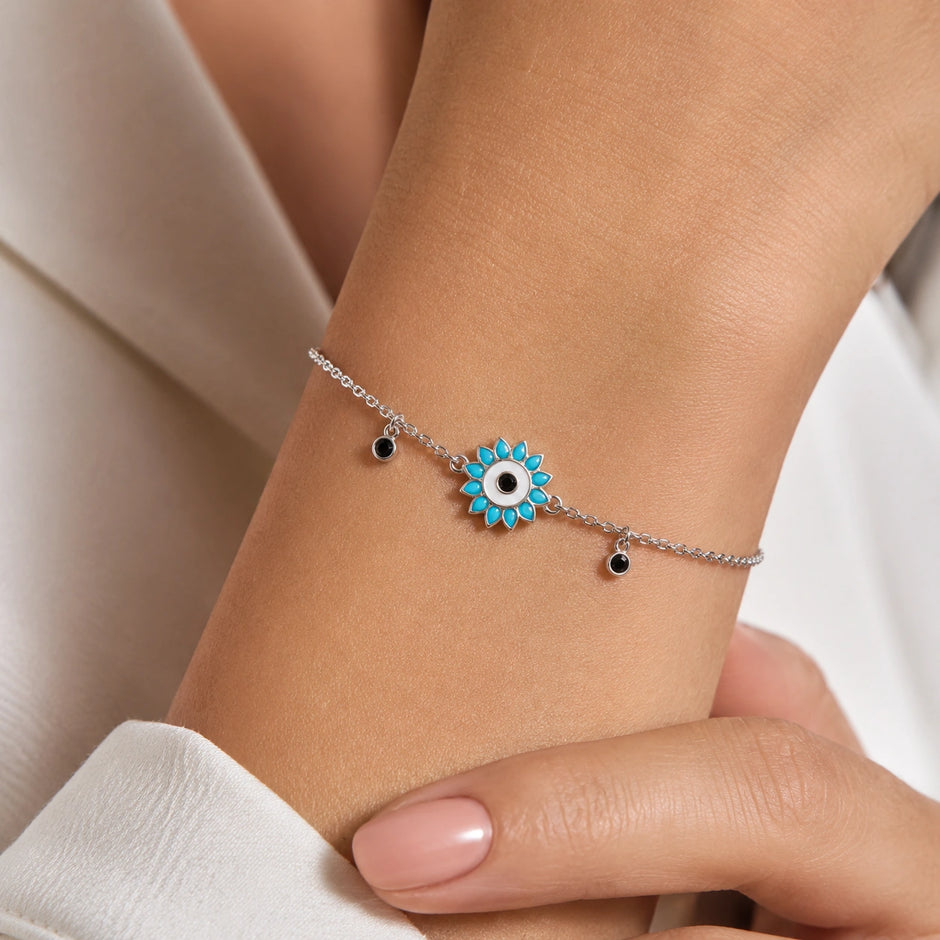 Blue Evil Eye Flower Charm 925 Sterling Silver Bracelet for Women
