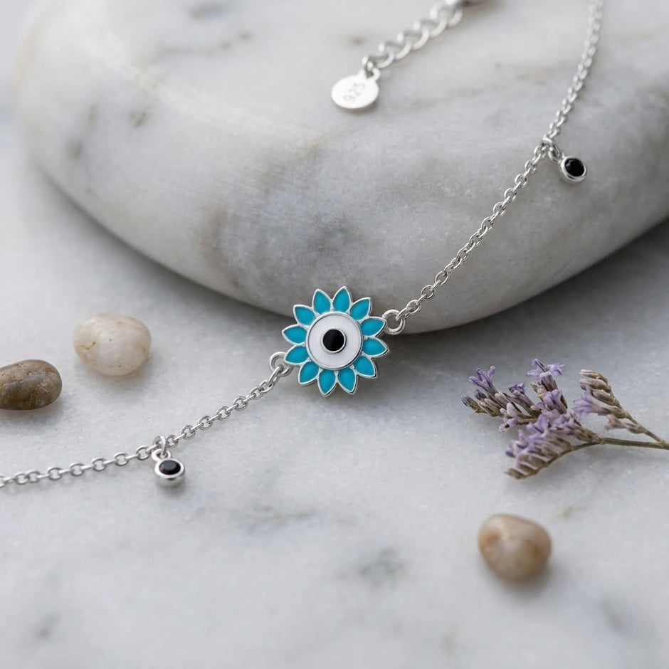 Blue Evil Eye Flower Charm 925 Sterling Silver Bracelet for Women