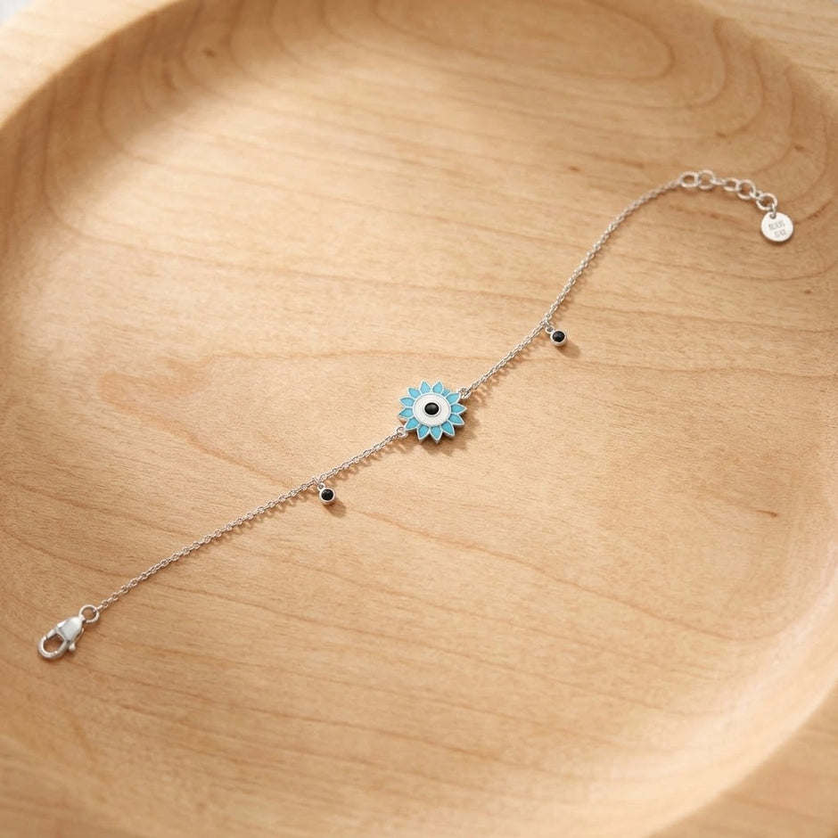 Blue Evil Eye Flower Charm 925 Sterling Silver Bracelet for Women