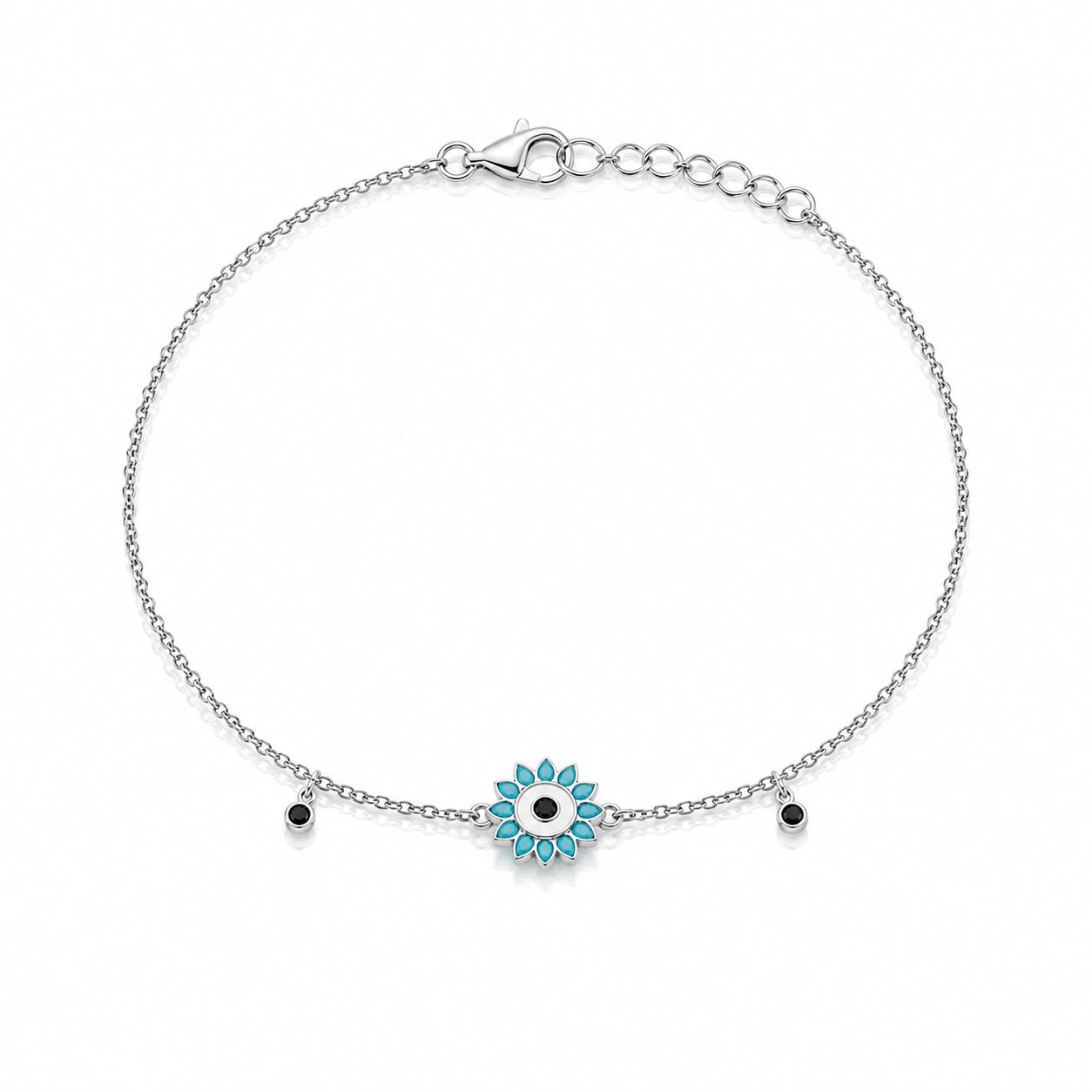 Blue Evil Eye Flower Charm 925 Sterling Silver Bracelet for Women