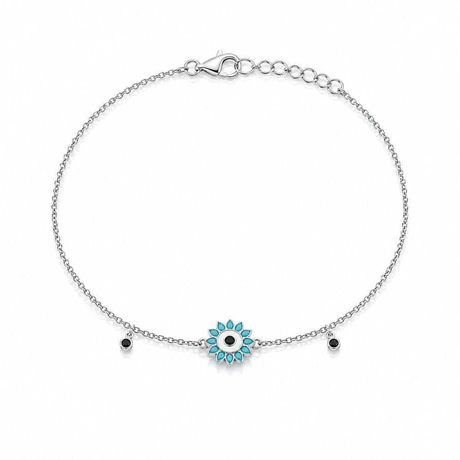 Blue Evil Eye Flower Charm 925 Sterling Silver Bracelet for Women