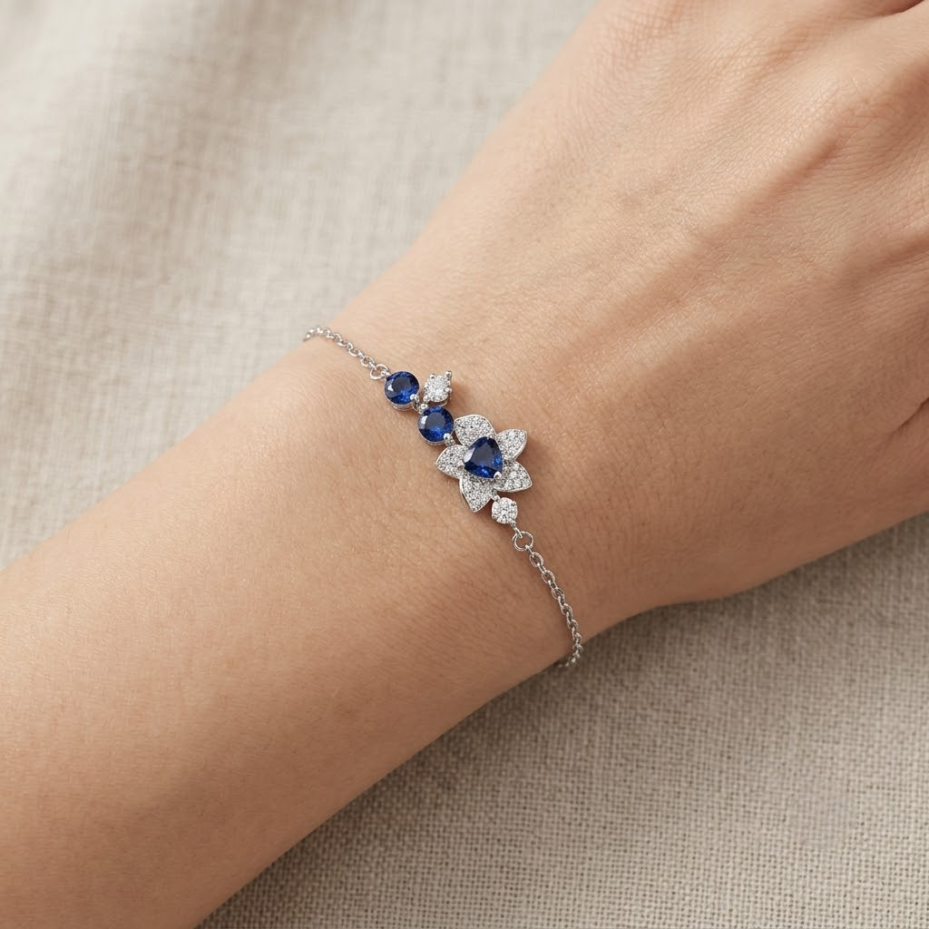 Blue Floral Sapphire Charm 925 Sterling Silver Bracelet for Women
