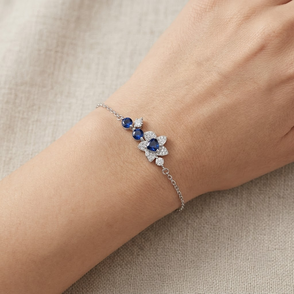 Blue Floral Sapphire Charm 925 Sterling Silver Bracelet for Women