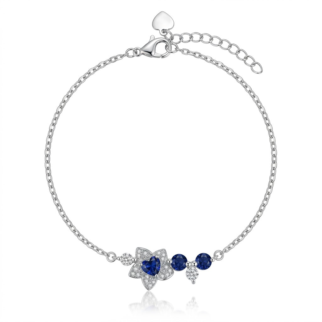 Blue Floral Sapphire Charm 925 Sterling Silver Bracelet for Women