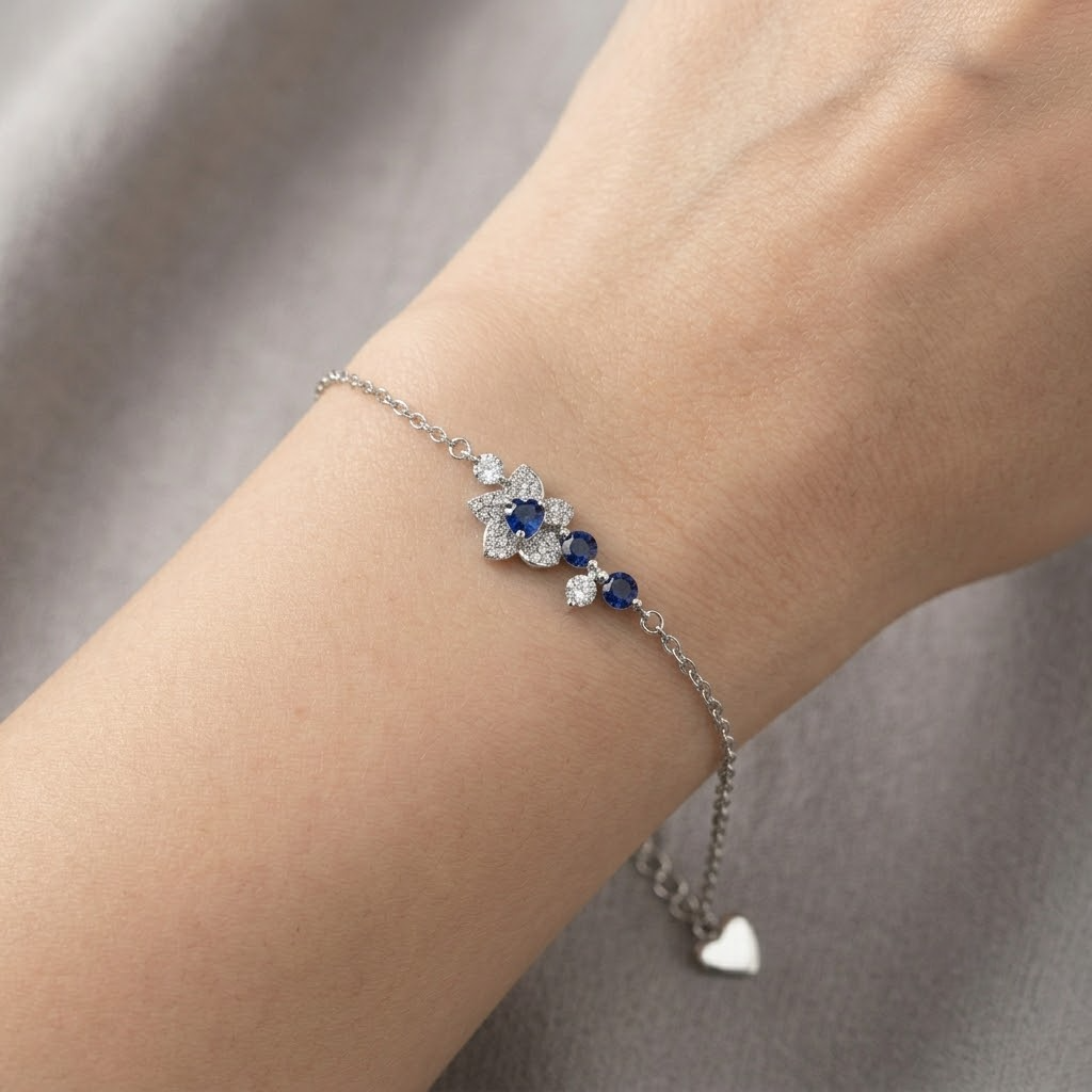 Blue Floral Sapphire Charm 925 Sterling Silver Bracelet for Women