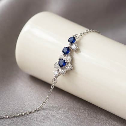 Blue Floral Sapphire Charm 925 Sterling Silver Bracelet for Women