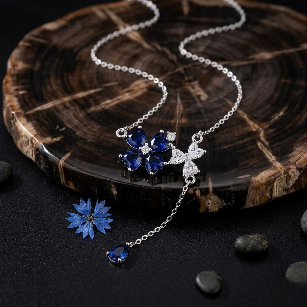 Blue Flower Drop Diamond 925 Sterling Silver Pendant Chain for Women