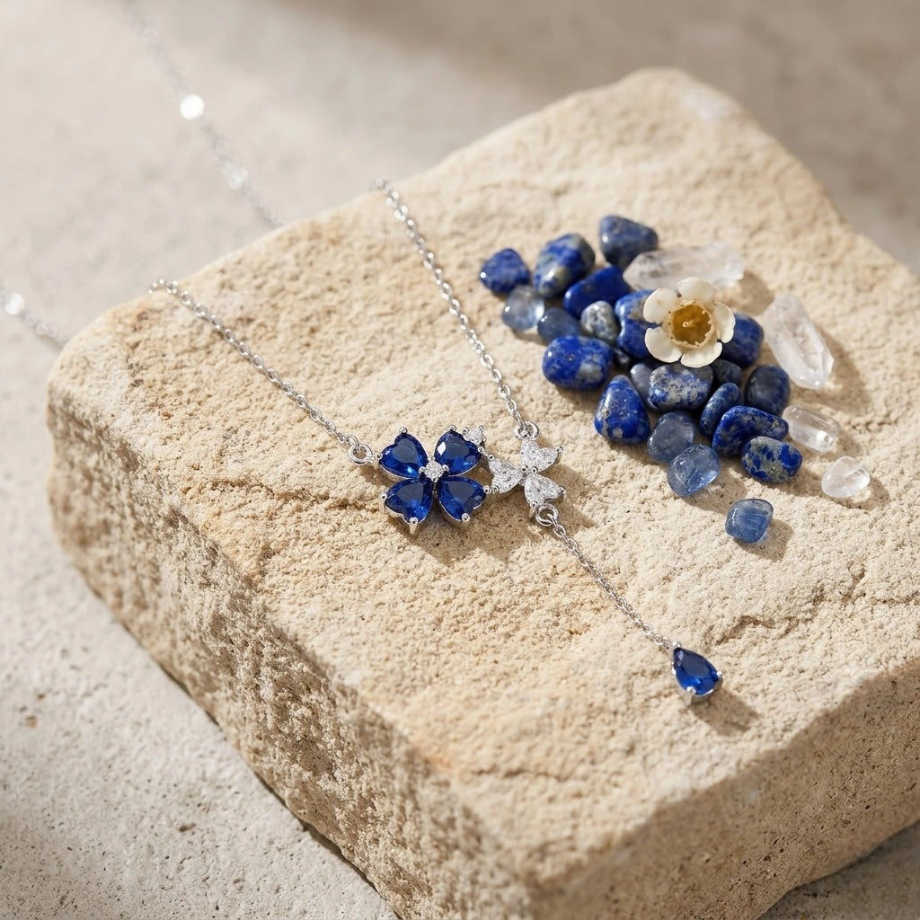 Blue Flower Drop Diamond 925 Sterling Silver Pendant Chain for Women