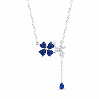 925 Sterling Silver Blue Butterfly Necklace for Women with Blue Cubic Zirconia Butterfly, White Floral Accent and Blue Teardrop Dangle