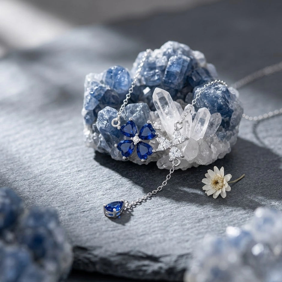 Blue Flower Drop Diamond 925 Sterling Silver Pendant Chain for Women