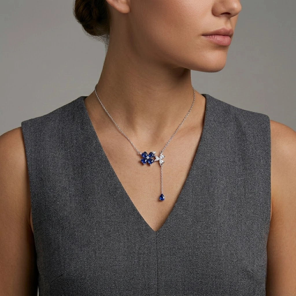 Blue Flower Drop Diamond 925 Sterling Silver Pendant Chain for Women