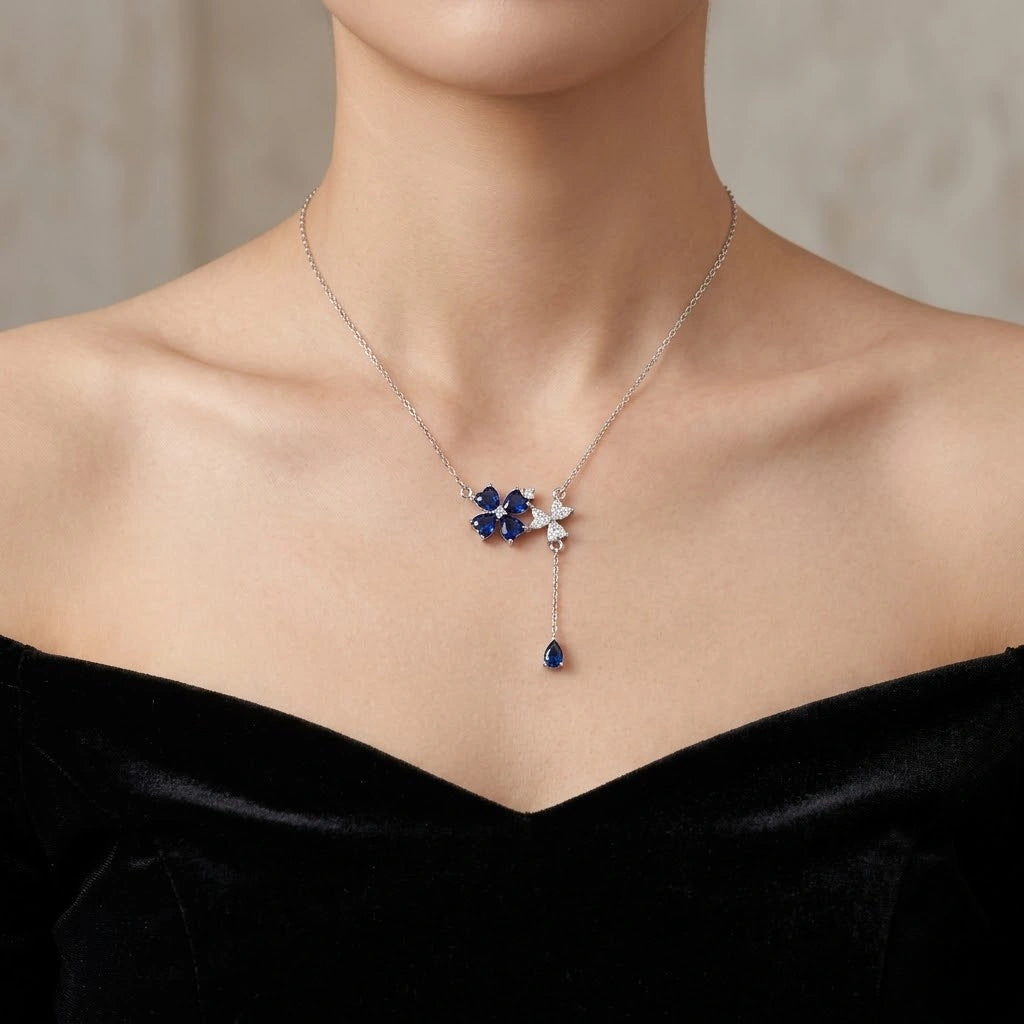 Blue Flower Drop Diamond 925 Sterling Silver Pendant Chain for Women