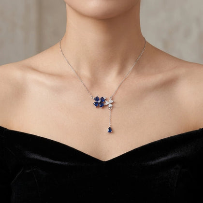 925 Sterling Silver Blue Butterfly Necklace for Women with Blue Cubic Zirconia Butterfly, White Floral Accent and Blue Teardrop Dangle
