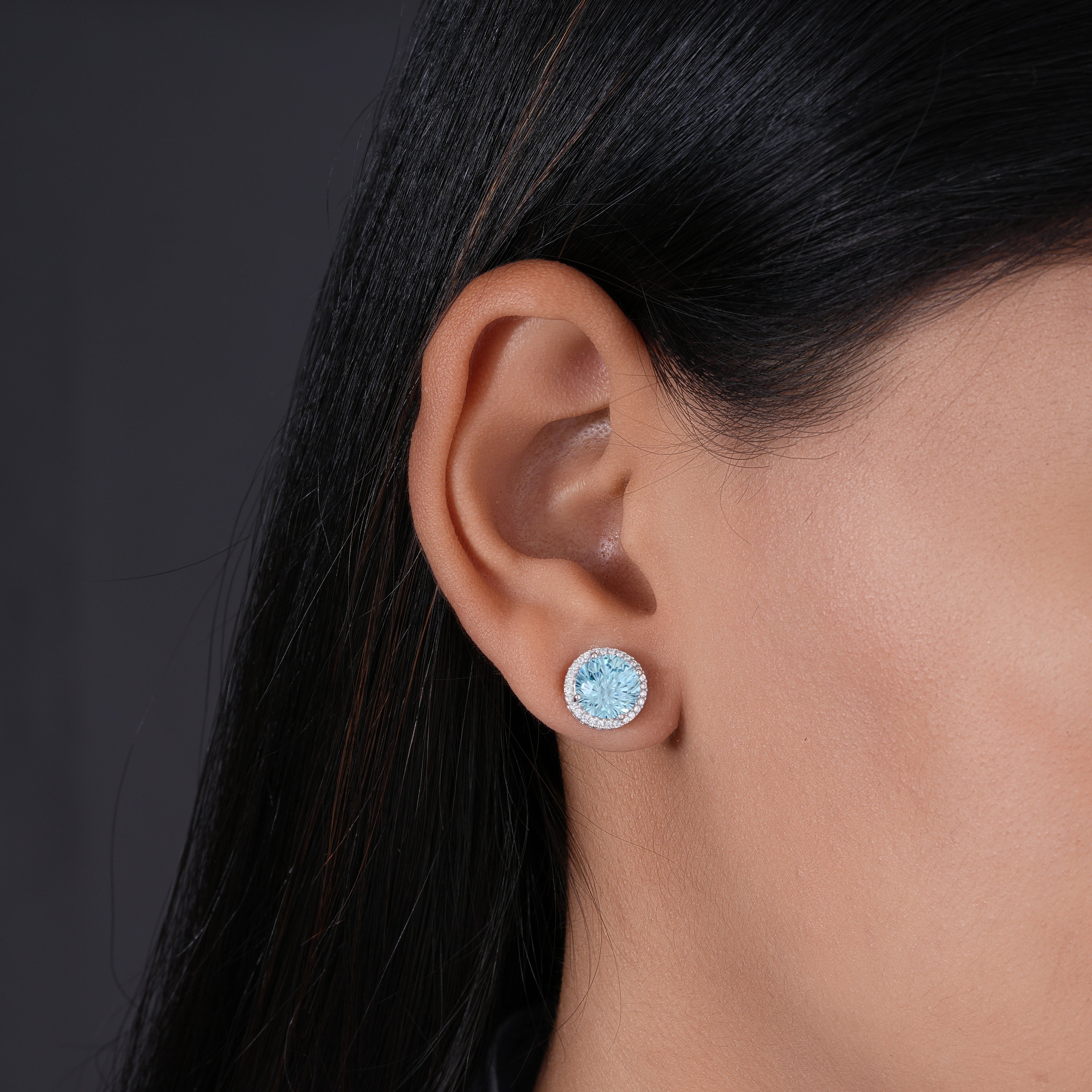 Blue Halo Round Stud Earrings