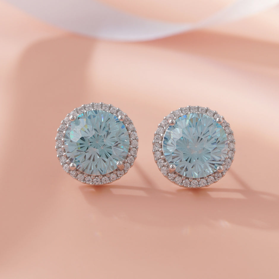 Blue Halo Round Stud Earrings