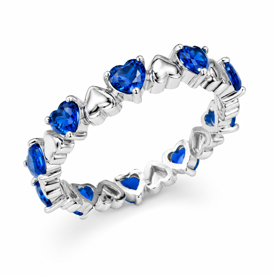 925 Sterling Silver Heart Eternity Ring with Blue CZ Stones