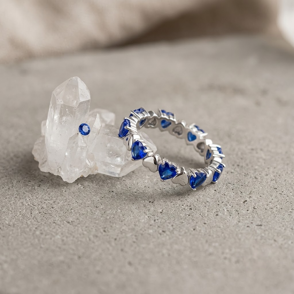 925 Sterling Silver Heart Eternity Ring with Blue CZ Stones
